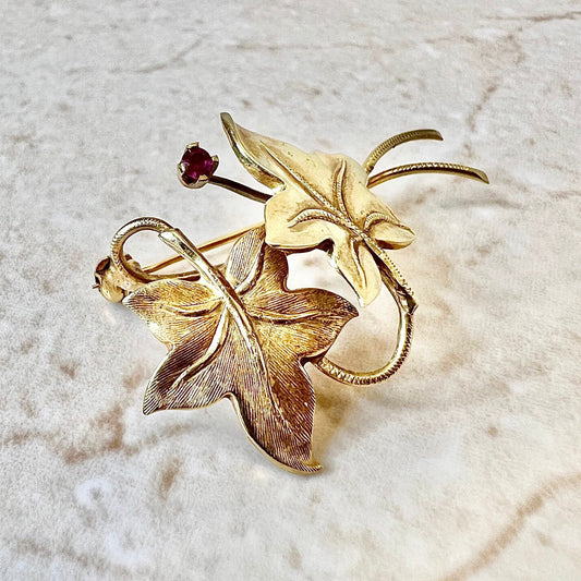 CLEARANCE 40% OFF - Vintage Italian 18 Karat Yellow Gold Synthetic Ruby Leaf Brooch - WeilJewelry