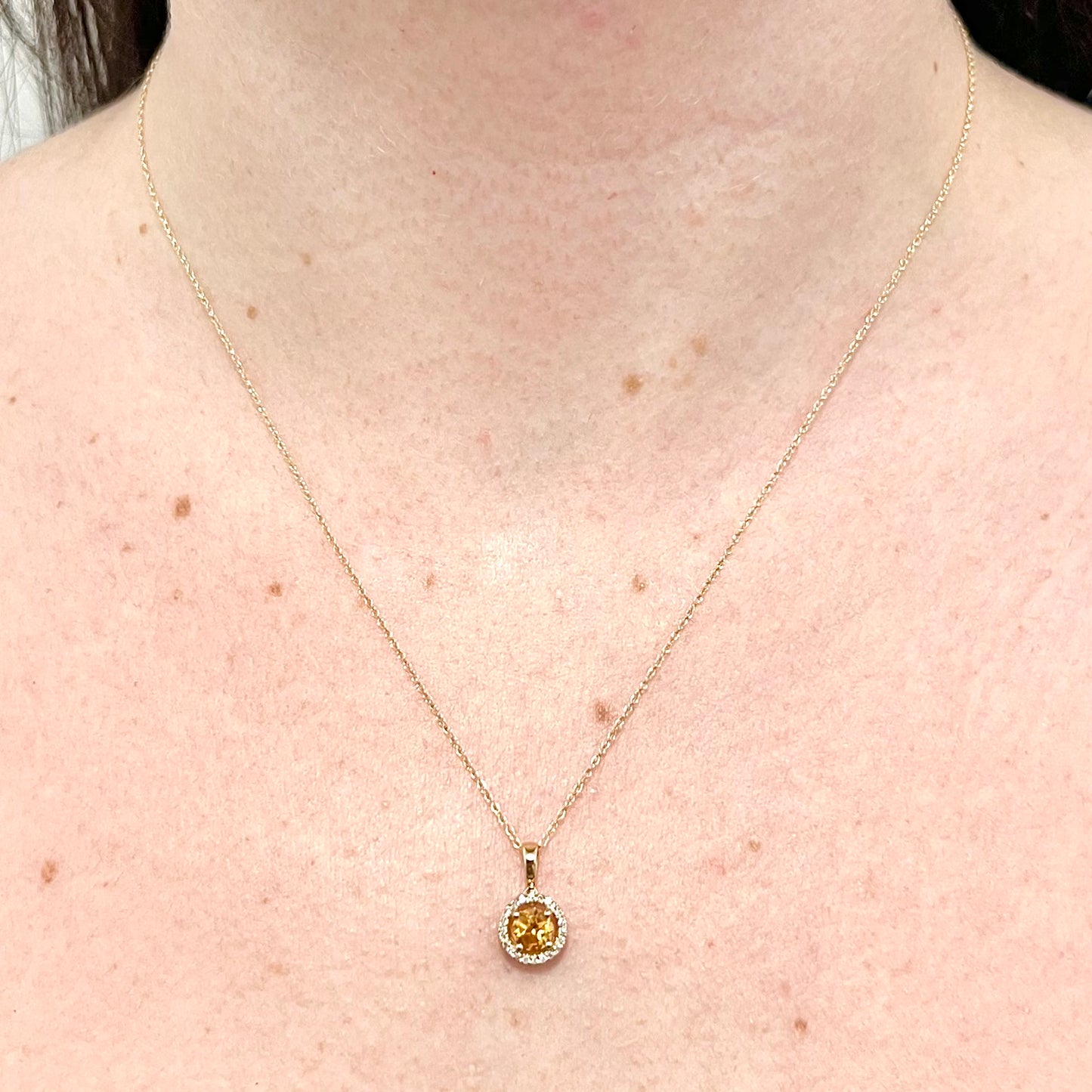 14 Karat Yellow Gold October Birthstone Round Citrine & Diamond Halo Pendant Necklace