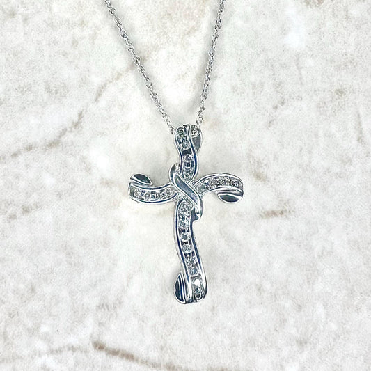 10 Karat White Gold Natural Diamond Cross Pendant Necklace - WeilJewelry