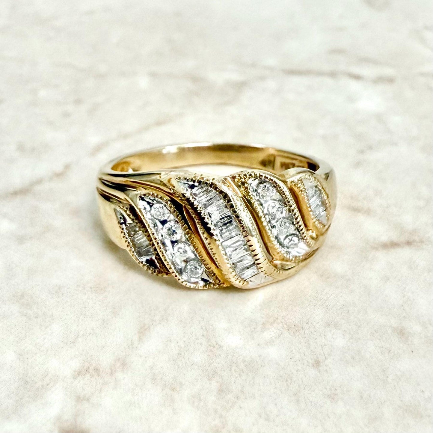 10 Karat Yellow Gold Natural Round & Baguette Diamond Band Ring - WeilJewelry