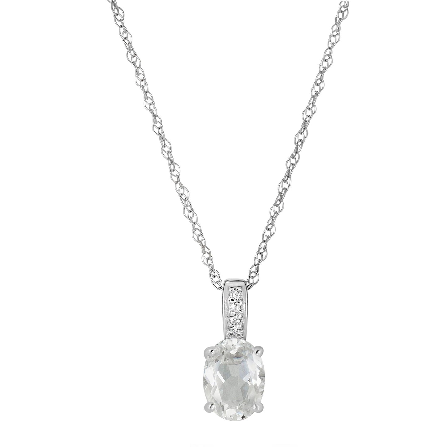 14 Karat White Gold April Birthstone Oval White Topaz & Diamond Pendant Necklace - WeilJewelry