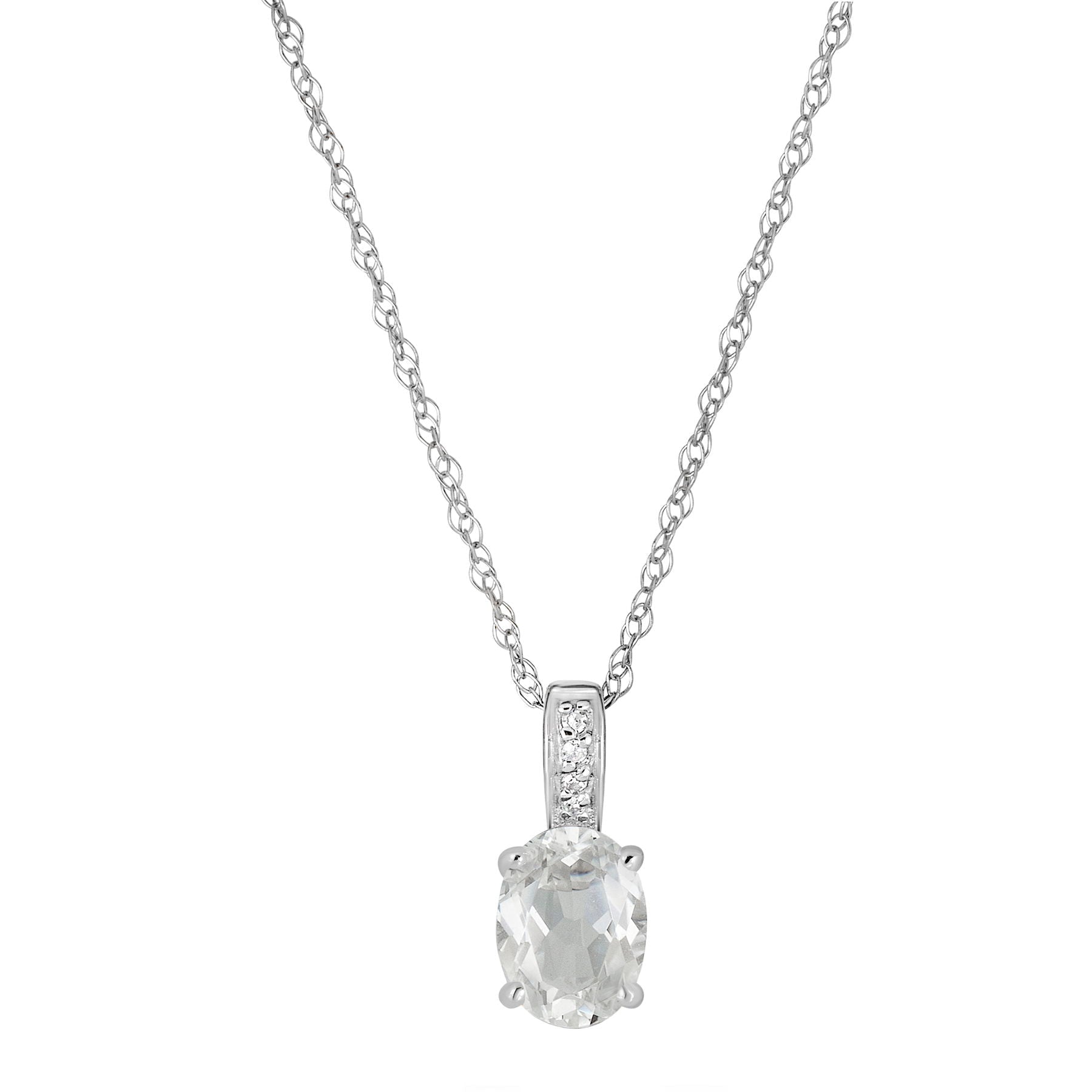 14 Karat White Gold April Birthstone Oval White Topaz & Diamond Pendant Necklace - WeilJewelry