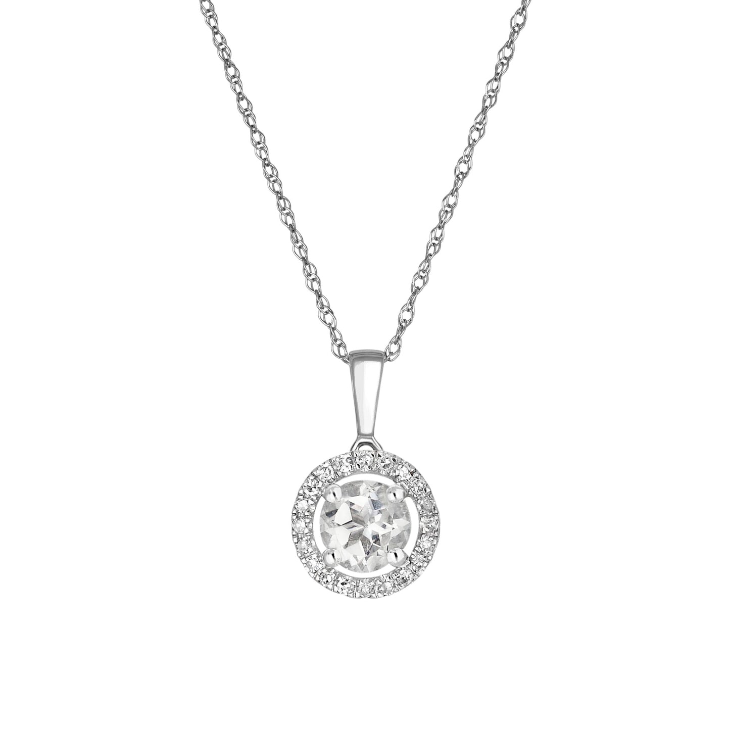 14 Karat White Gold April Birthstone Round White Topaz & Diamond Halo Pendant Necklace - WeilJewelry