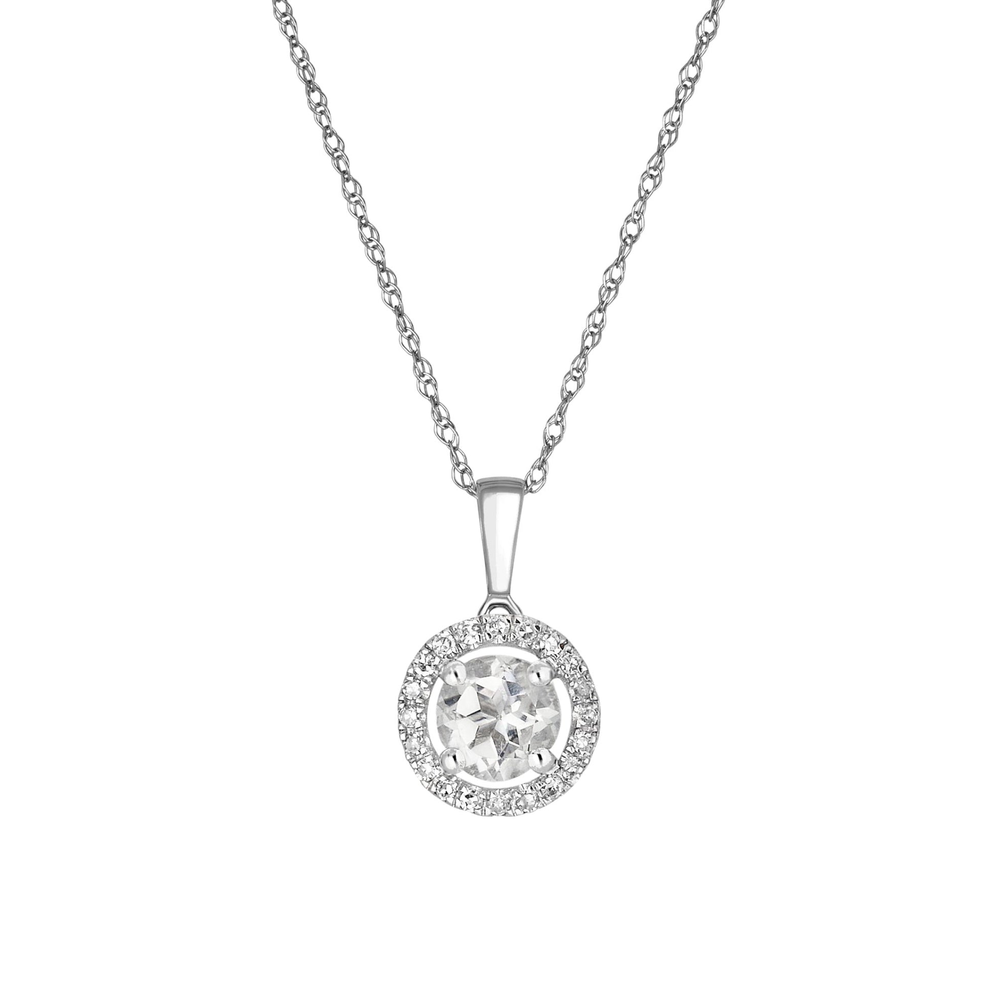 14 Karat White Gold April Birthstone Round White Topaz & Diamond Halo Pendant Necklace - WeilJewelry