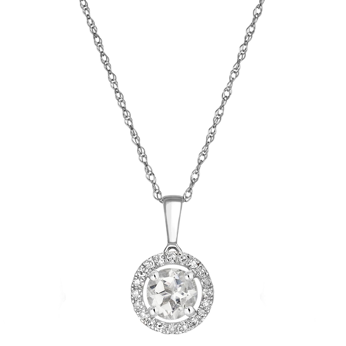 14 Karat White Gold April Birthstone Round White Topaz & Diamond Halo Pendant Necklace - WeilJewelry
