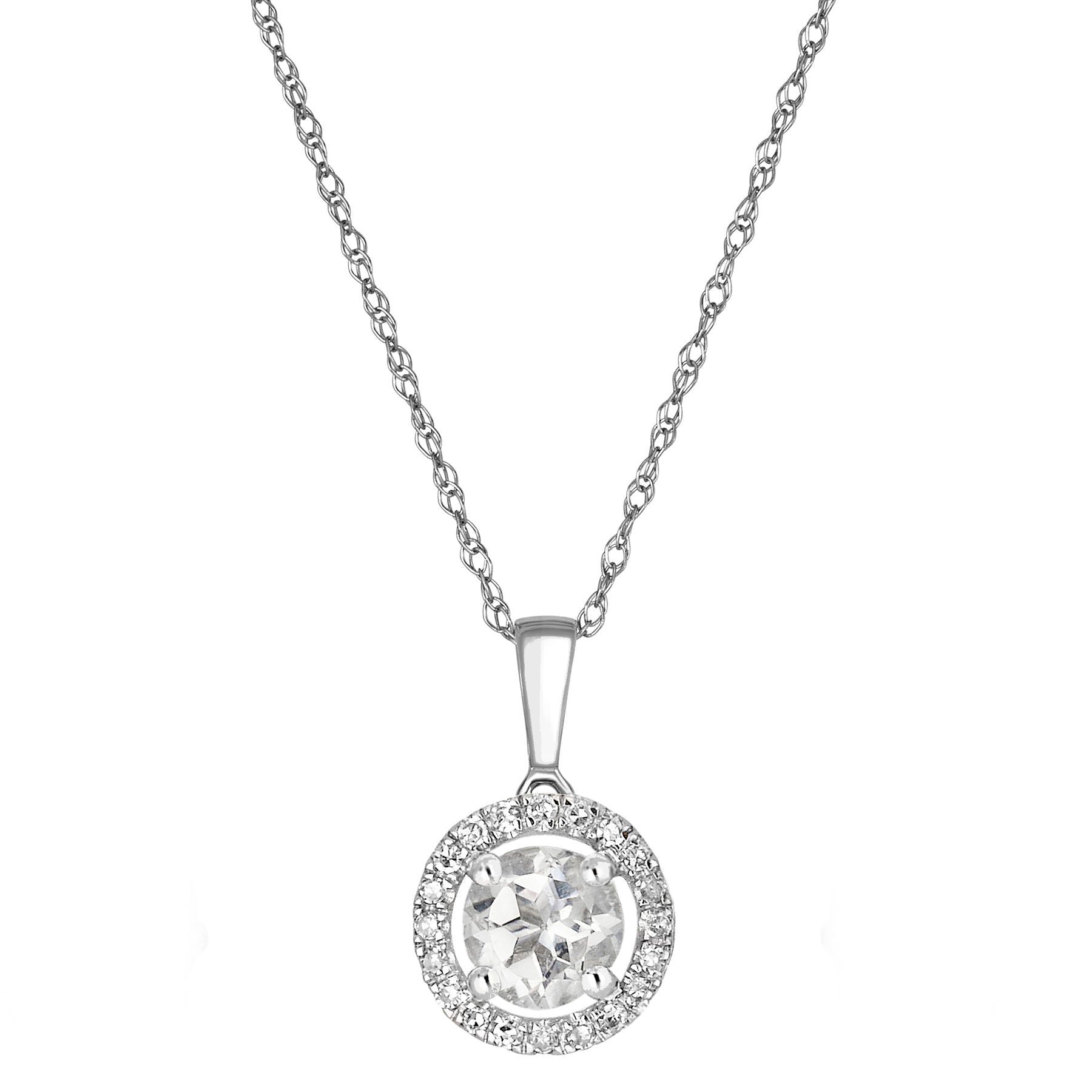 14 Karat White Gold April Birthstone Round White Topaz & Diamond Halo Pendant Necklace - WeilJewelry