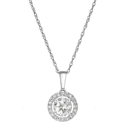 14 Karat White Gold April Birthstone Round White Topaz & Diamond Halo Pendant Necklace - WeilJewelry