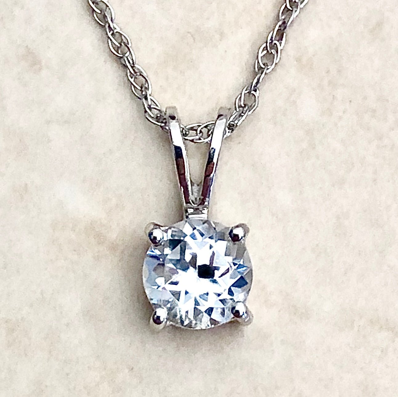 14 Karat White Gold April Birthstone Round White Topaz Solitaire Pendant Necklace - WeilJewelry