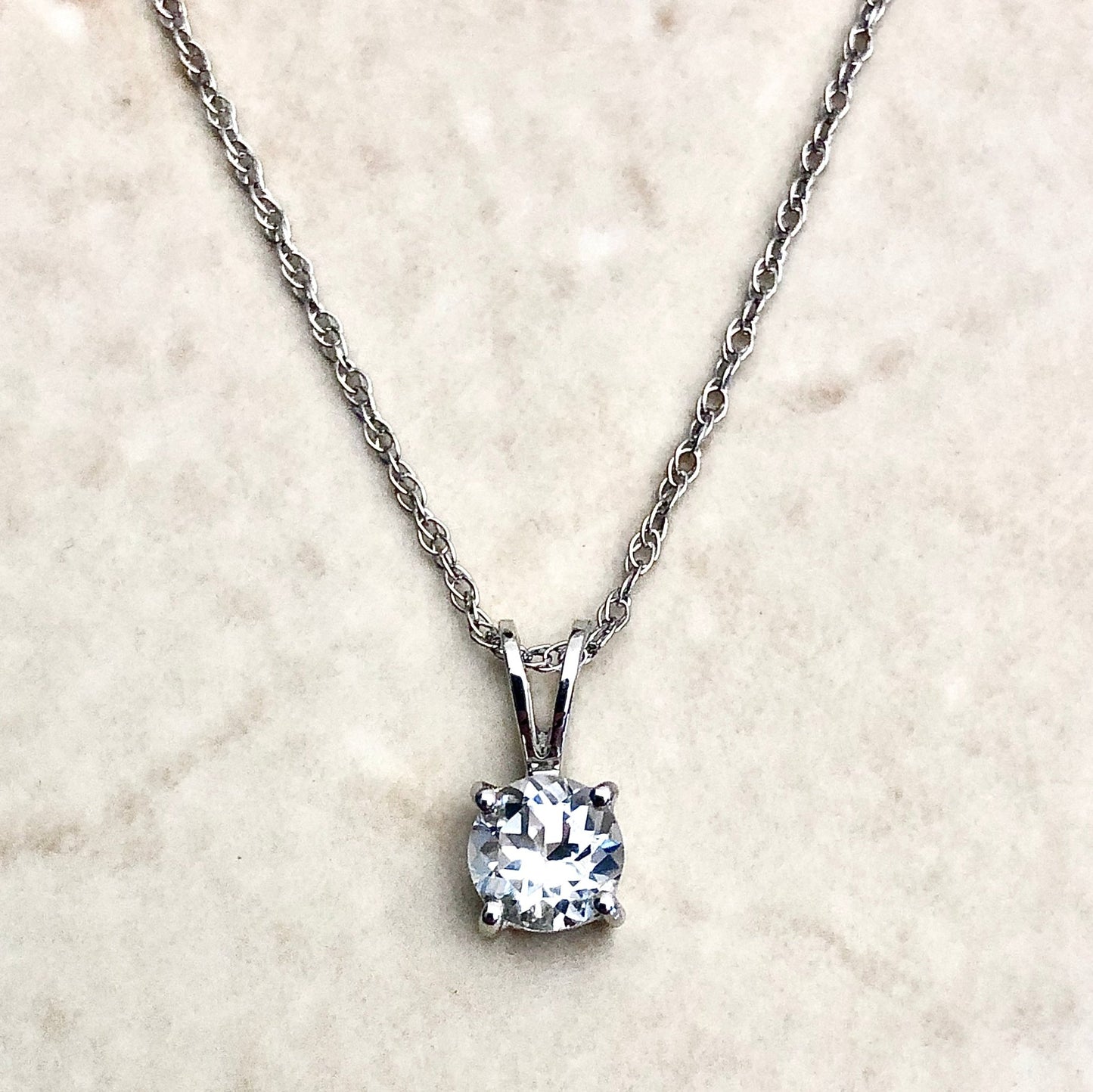 14 Karat White Gold April Birthstone Round White Topaz Solitaire Pendant Necklace - WeilJewelry