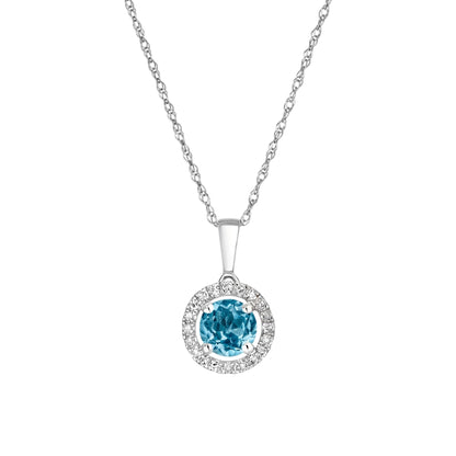14 Karat White Gold Blue Topaz Birthstone Round Blue Topaz & Diamond Halo Pendant Necklace - WeilJewelry