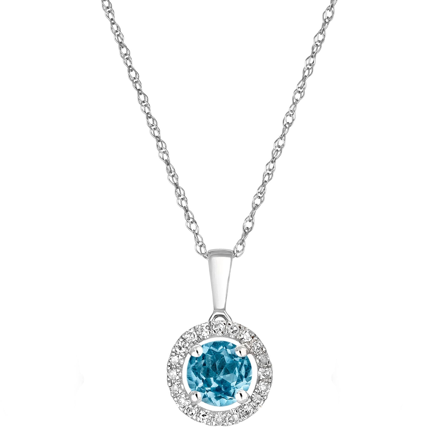 14 Karat White Gold Blue Topaz Birthstone Round Blue Topaz & Diamond Halo Pendant Necklace - WeilJewelry