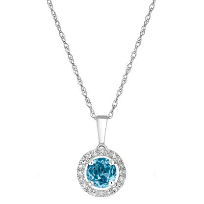 14 Karat White Gold Blue Topaz Birthstone Round Blue Topaz & Diamond Halo Pendant Necklace - WeilJewelry