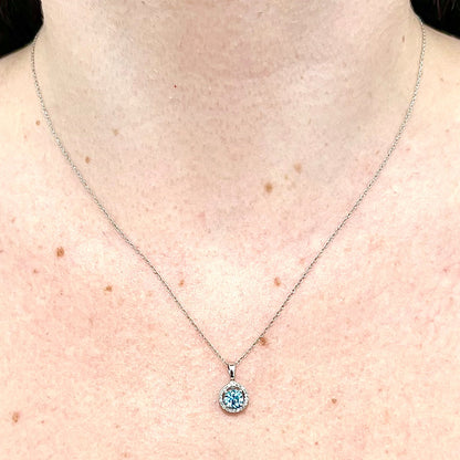 14 Karat White Gold Blue Topaz Birthstone Round Blue Topaz & Diamond Halo Pendant Necklace - WeilJewelry