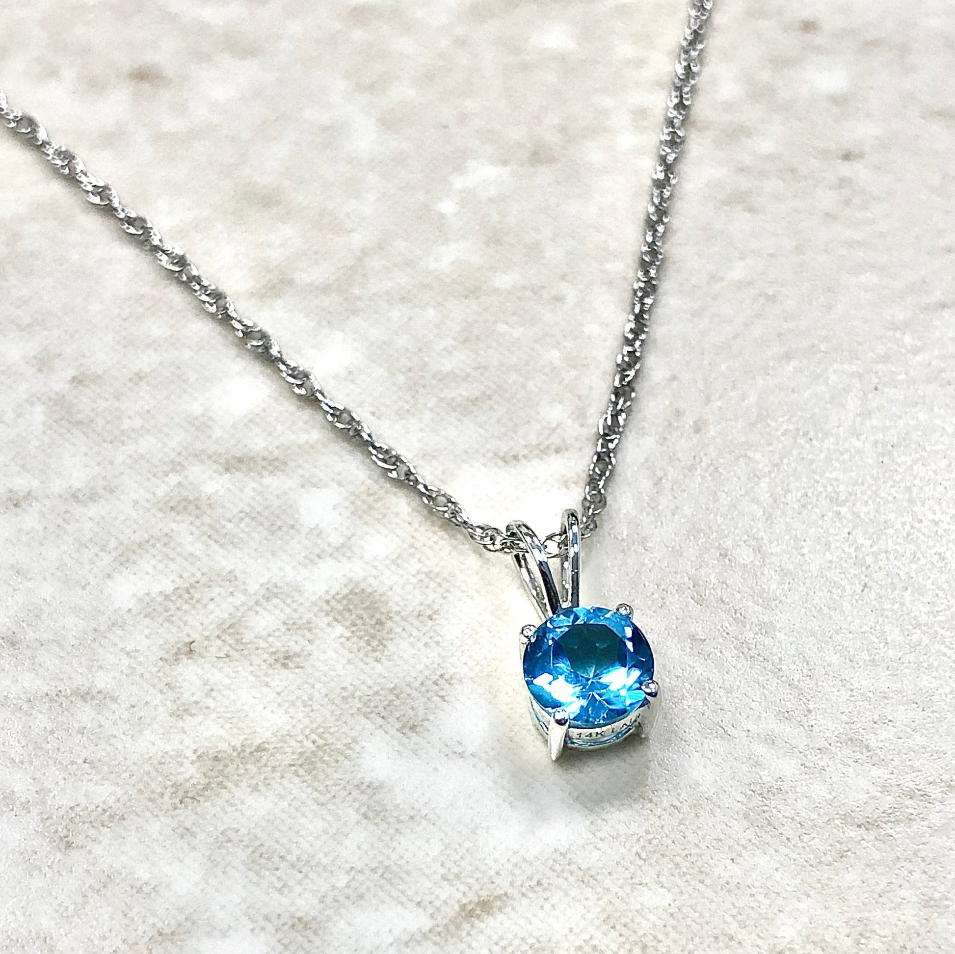 14 Karat White Gold December Birthstone Natural Round Blue Topaz Solitaire Pendant Necklace - WeilJewelry