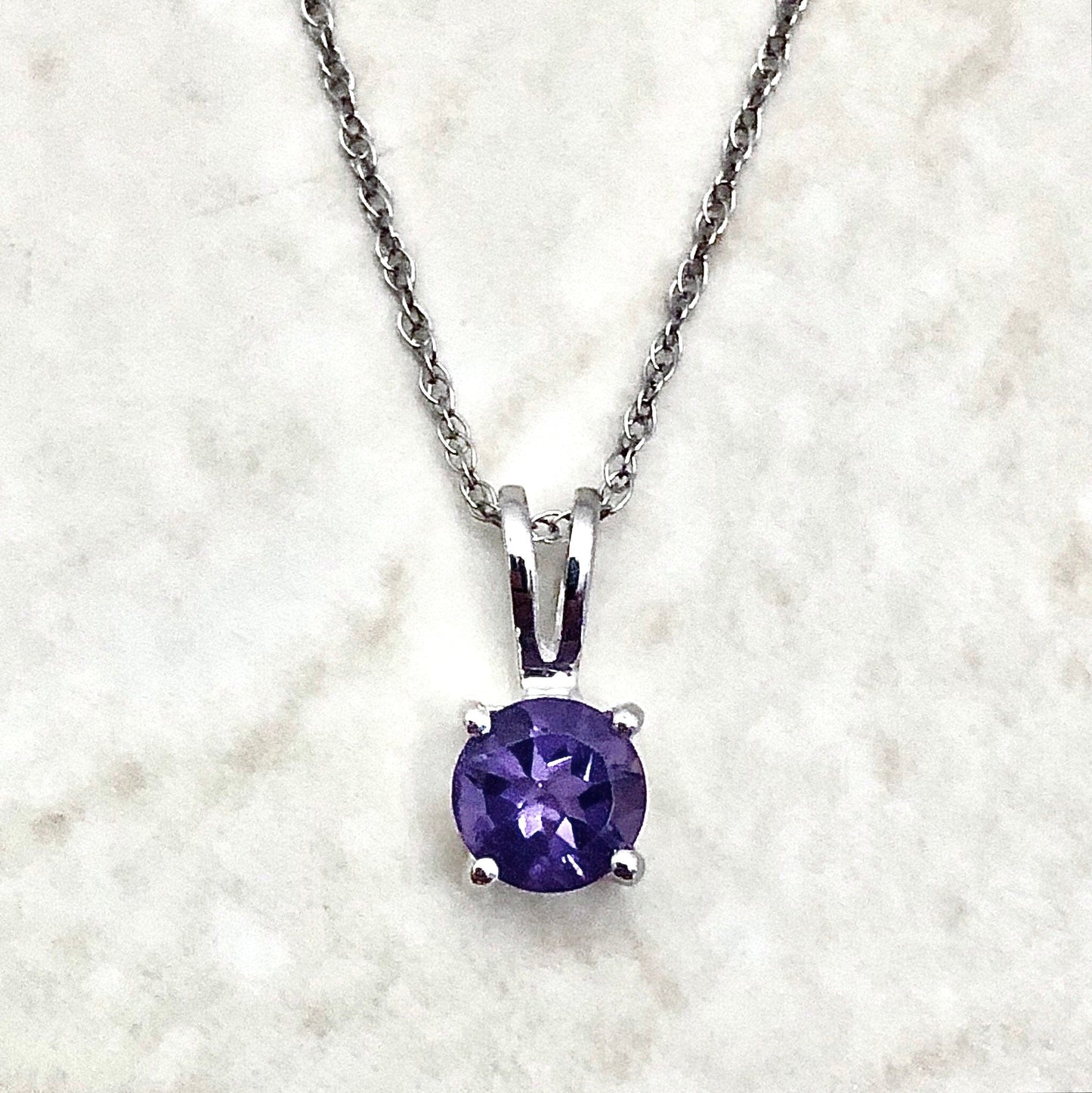 14 Karat White Gold February Birthstone Natural Round Amethyst Solitaire Pendant Necklace - WeilJewelry