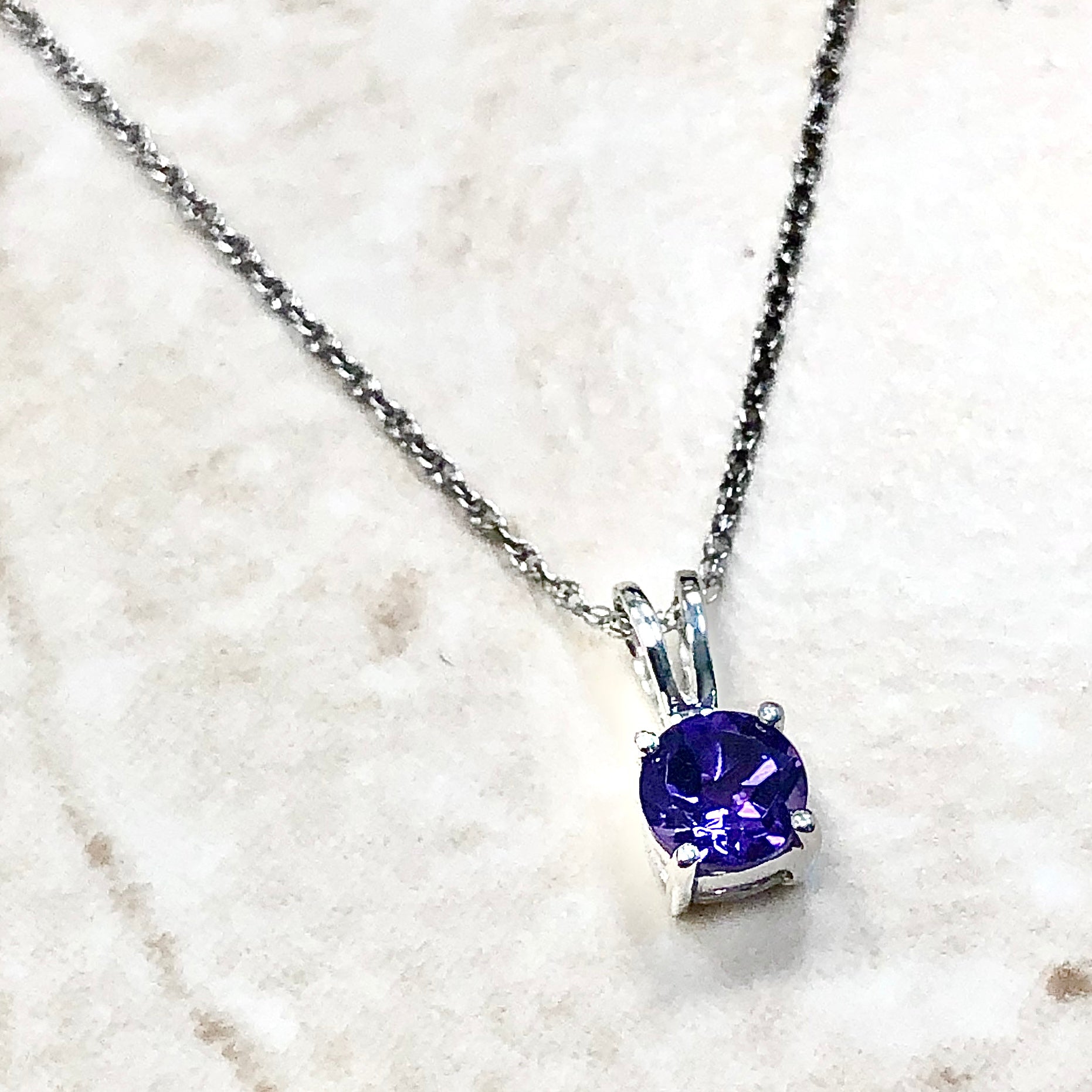 14 Karat White Gold February Birthstone Natural Round Amethyst Solitaire Pendant Necklace - WeilJewelry