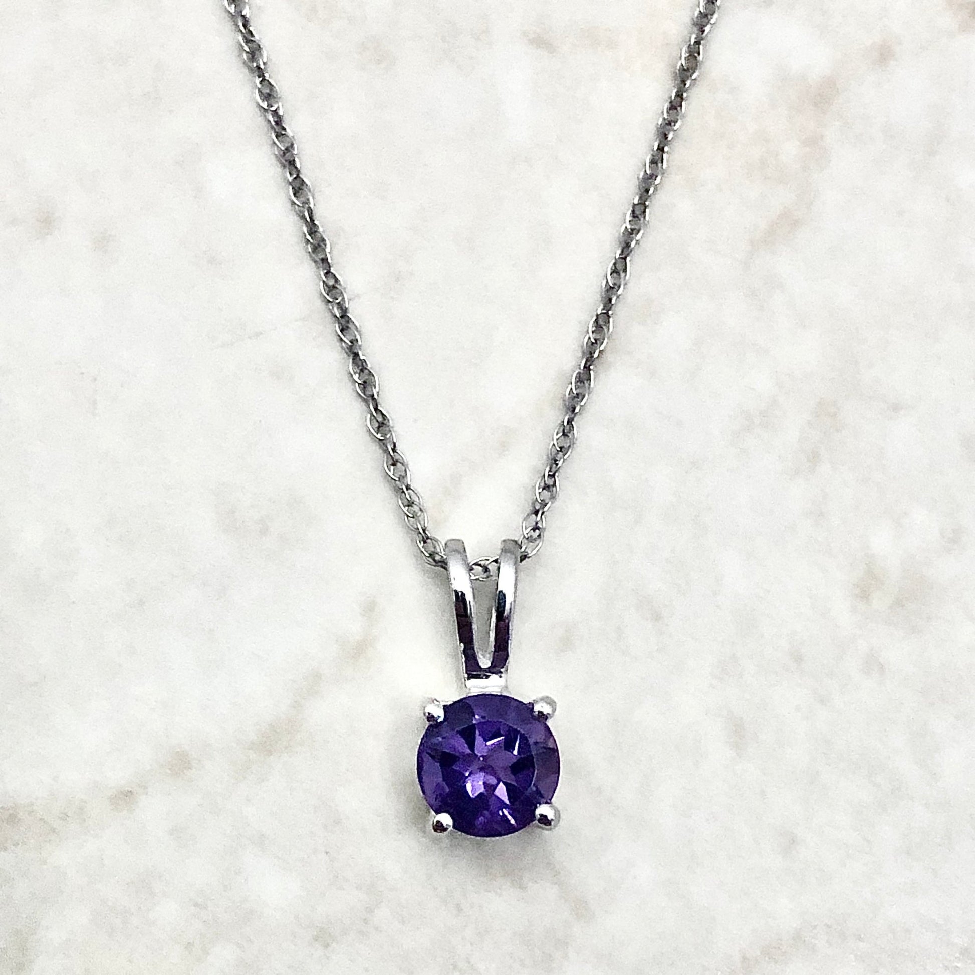 14 Karat White Gold February Birthstone Natural Round Amethyst Solitaire Pendant Necklace - WeilJewelry