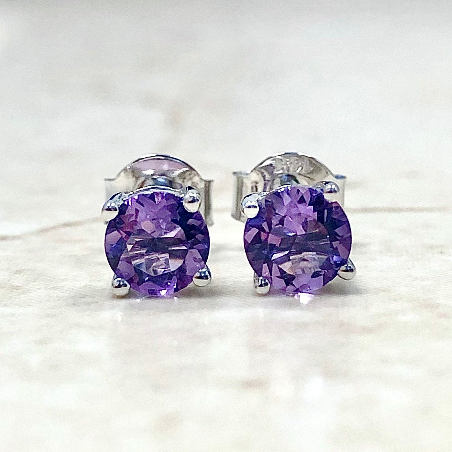 14 Karat White Gold February Birthstone Natural Round Amethyst Stud Earrings - WeilJewelry