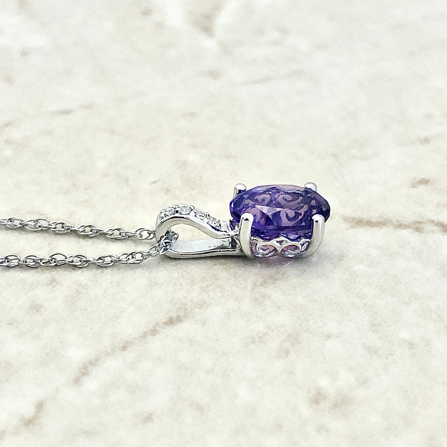 14 Karat White Gold February Birthstone Oval Amethyst & Diamond Pendant Necklace - WeilJewelry