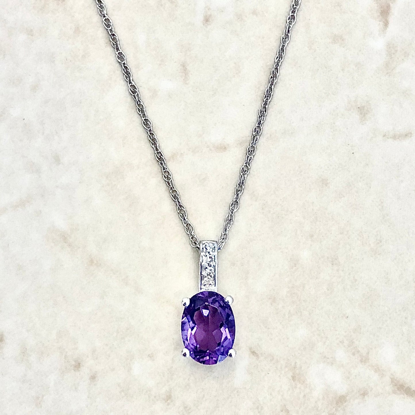 14 Karat White Gold February Birthstone Oval Amethyst & Diamond Pendant Necklace - WeilJewelry