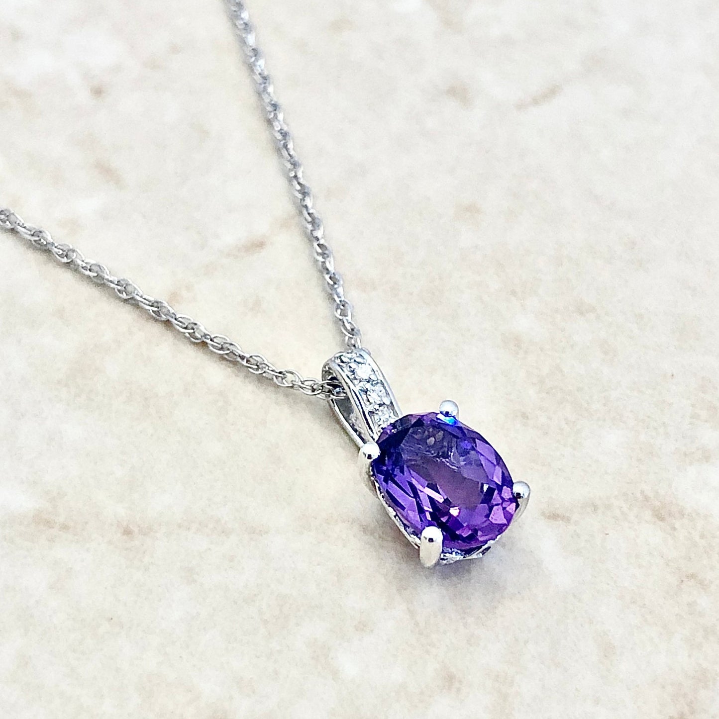 14 Karat White Gold February Birthstone Oval Amethyst & Diamond Pendant Necklace - WeilJewelry