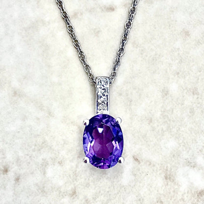 14 Karat White Gold February Birthstone Oval Amethyst & Diamond Pendant Necklace - WeilJewelry