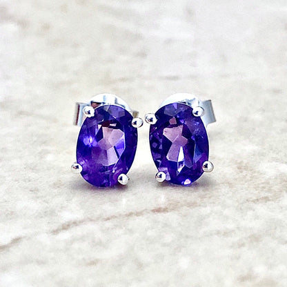 14 Karat White Gold February Birthstone Oval Amethyst Stud Earrings - WeilJewelry