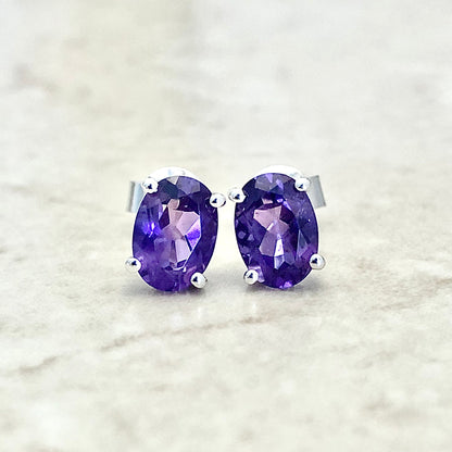 14 Karat White Gold February Birthstone Oval Amethyst Stud Earrings - WeilJewelry