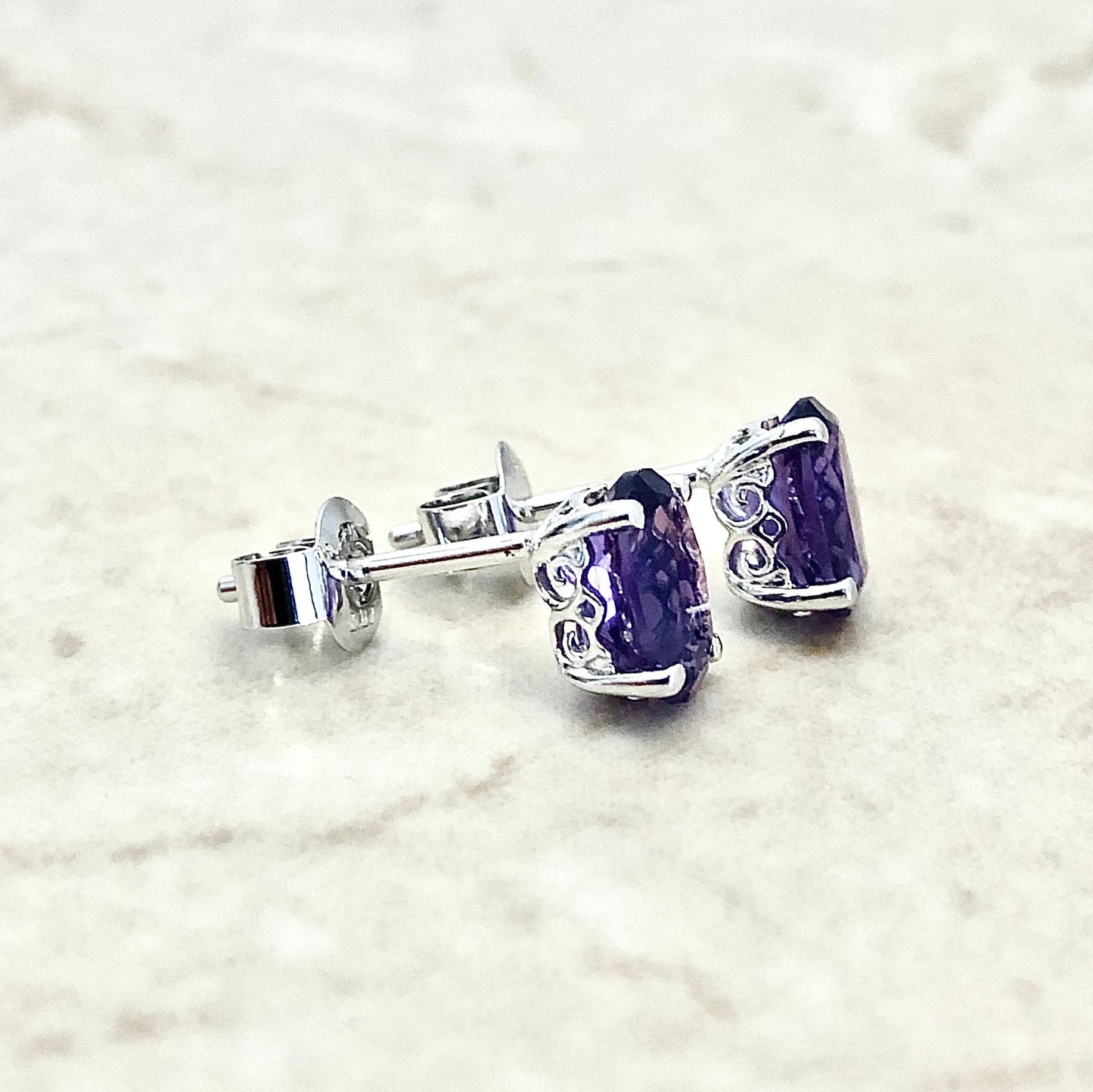 14 Karat White Gold February Birthstone Oval Amethyst Stud Earrings - WeilJewelry