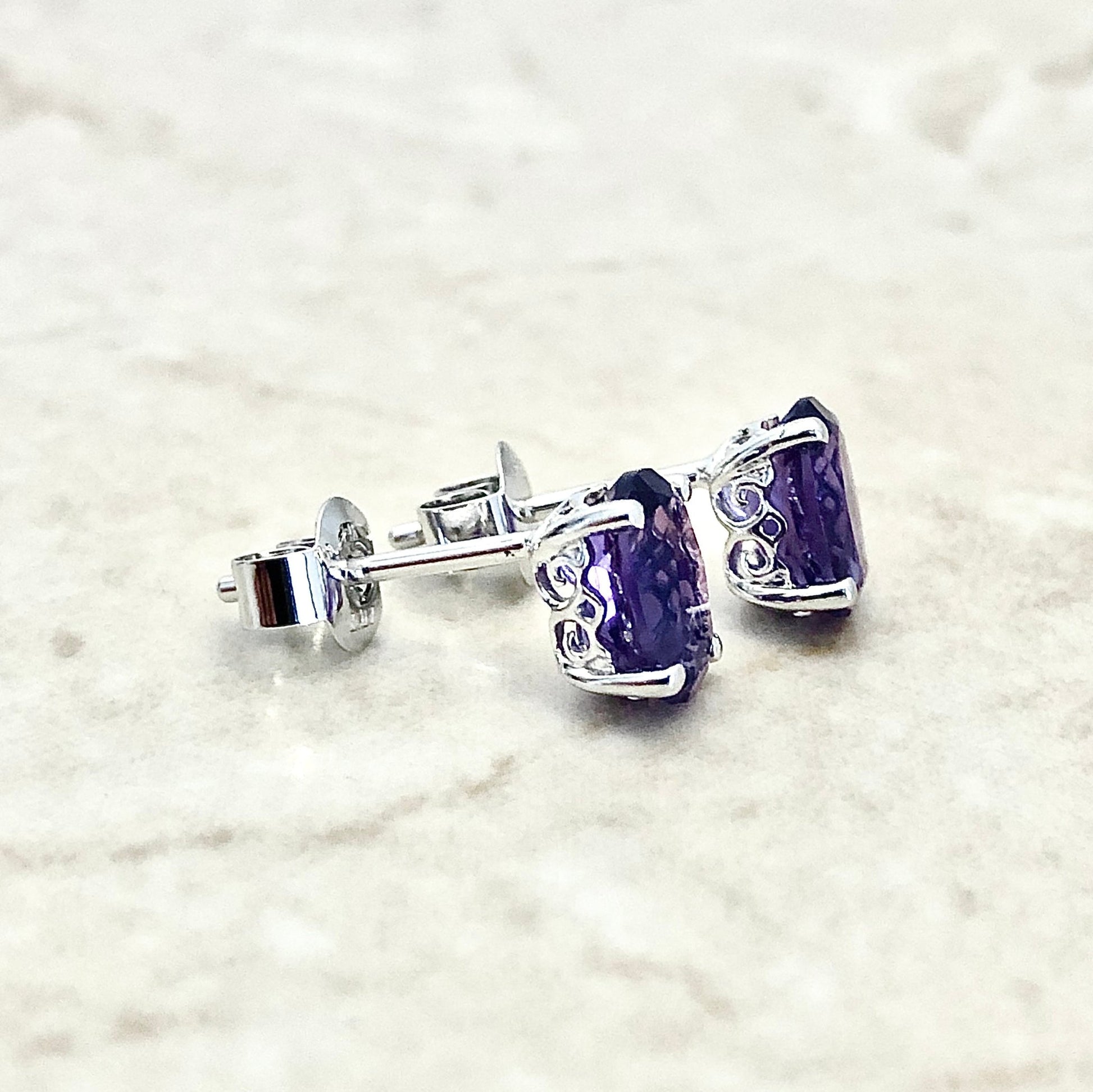 14 Karat White Gold February Birthstone Oval Amethyst Stud Earrings - WeilJewelry