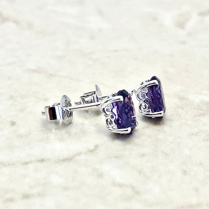 14 Karat White Gold February Birthstone Oval Amethyst Stud Earrings - WeilJewelry