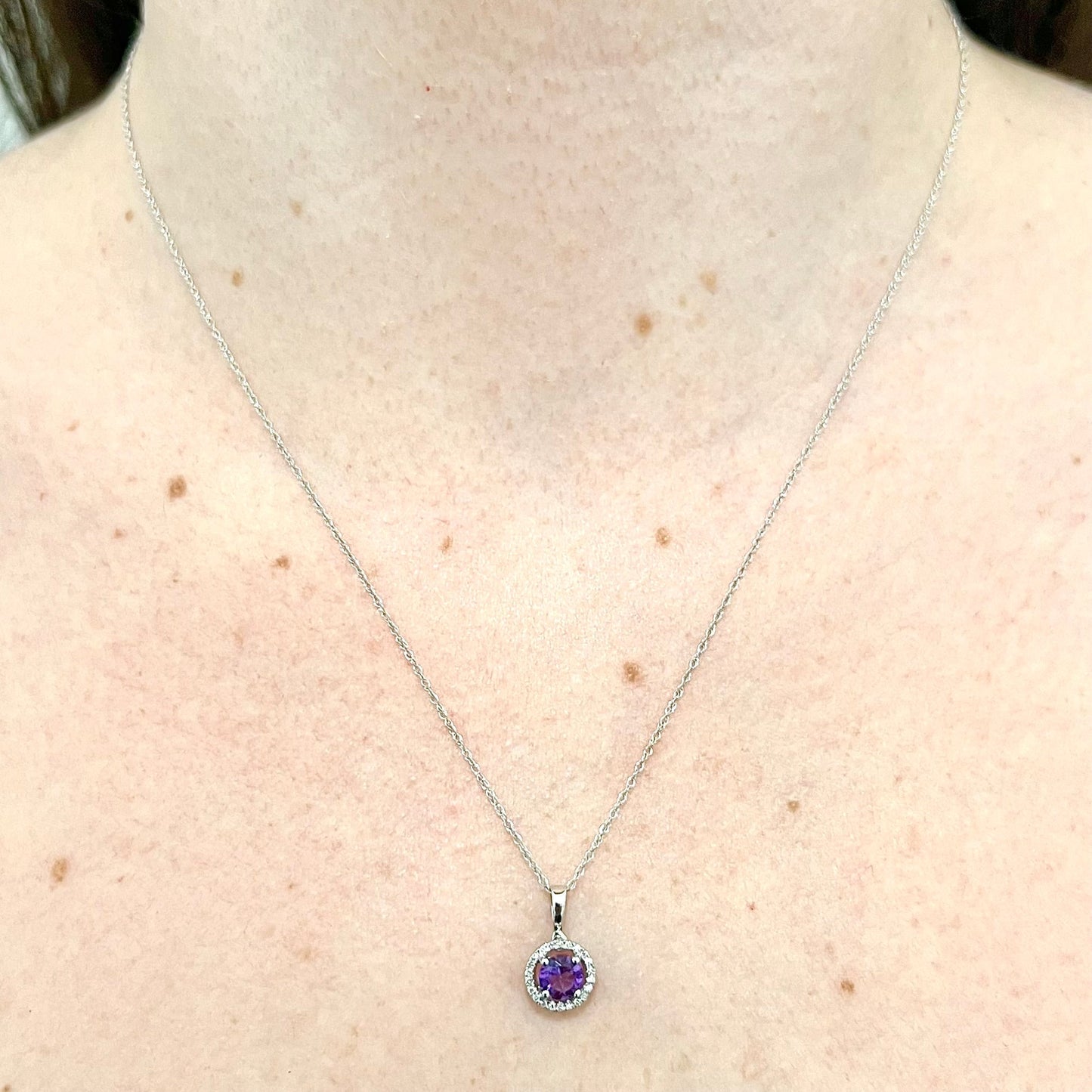 14 Karat White Gold February Birthstone Round Amethyst & Diamond Halo Pendant Necklace - WeilJewelry