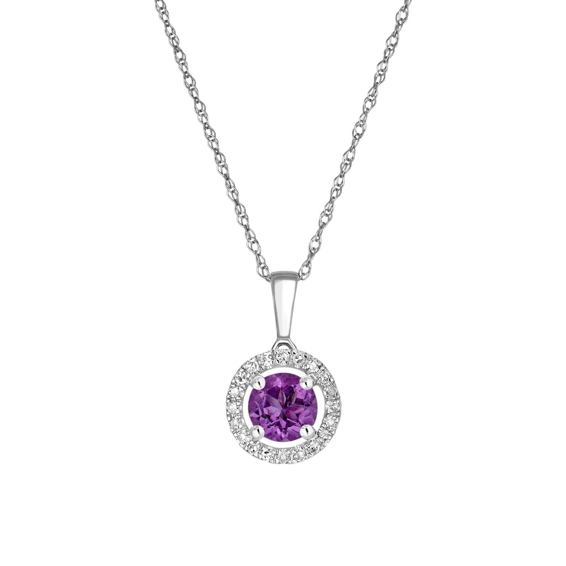 14 Karat White Gold February Birthstone Round Amethyst & Diamond Halo Pendant Necklace - WeilJewelry