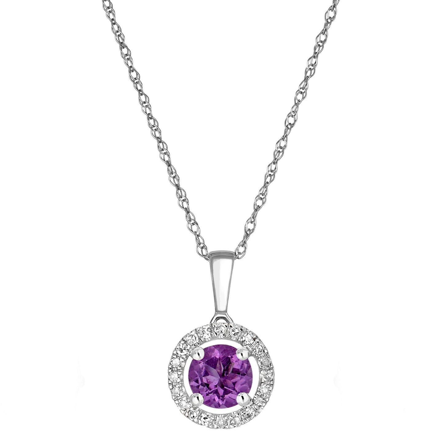 14 Karat White Gold February Birthstone Round Amethyst & Diamond Halo Pendant Necklace - WeilJewelry