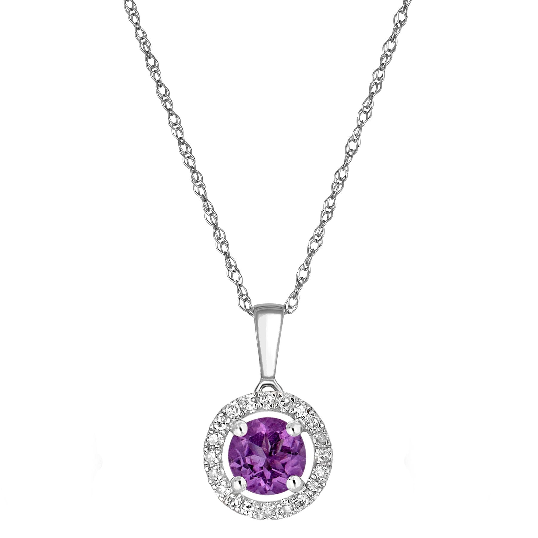 14 Karat White Gold February Birthstone Round Amethyst & Diamond Halo Pendant Necklace - WeilJewelry