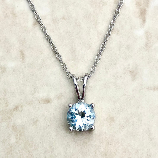 14 Karat White Gold March Birthstone Natural Round Aquamarine Solitaire Pendant Necklace - WeilJewelry