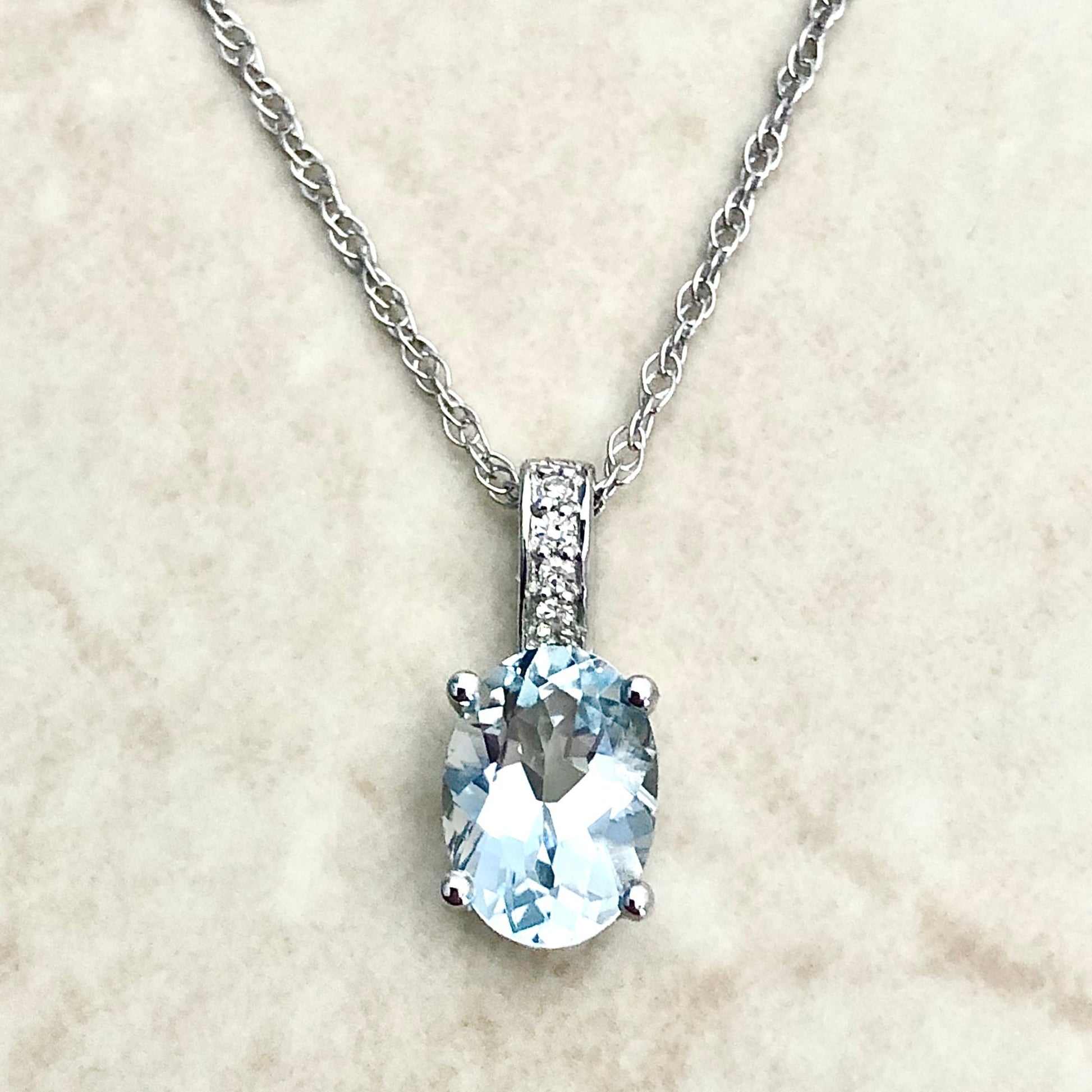 14 Karat White Gold March Birthstone Oval Aquamarine & Diamond Pendant Necklace - WeilJewelry