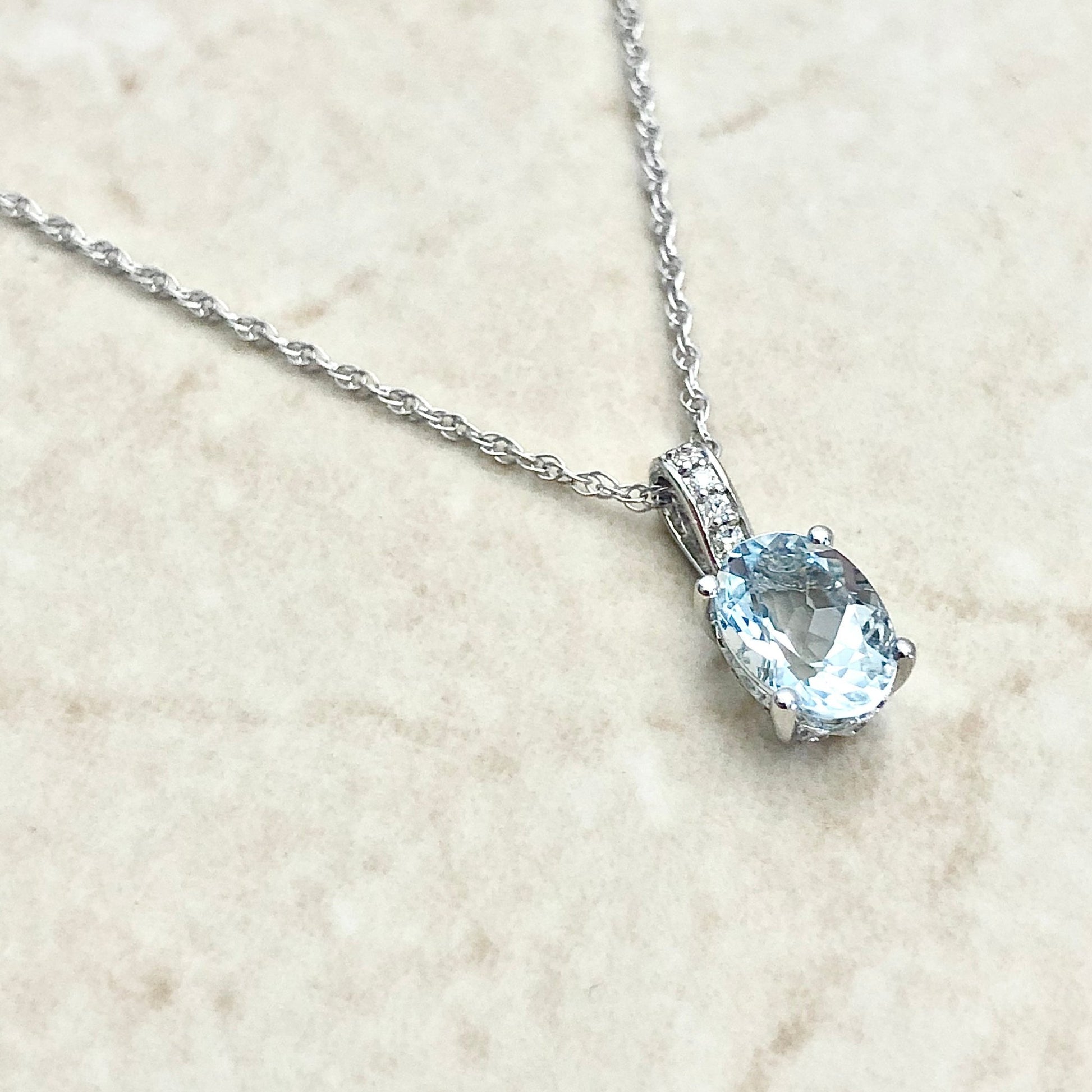 14 Karat White Gold March Birthstone Oval Aquamarine & Diamond Pendant Necklace - WeilJewelry