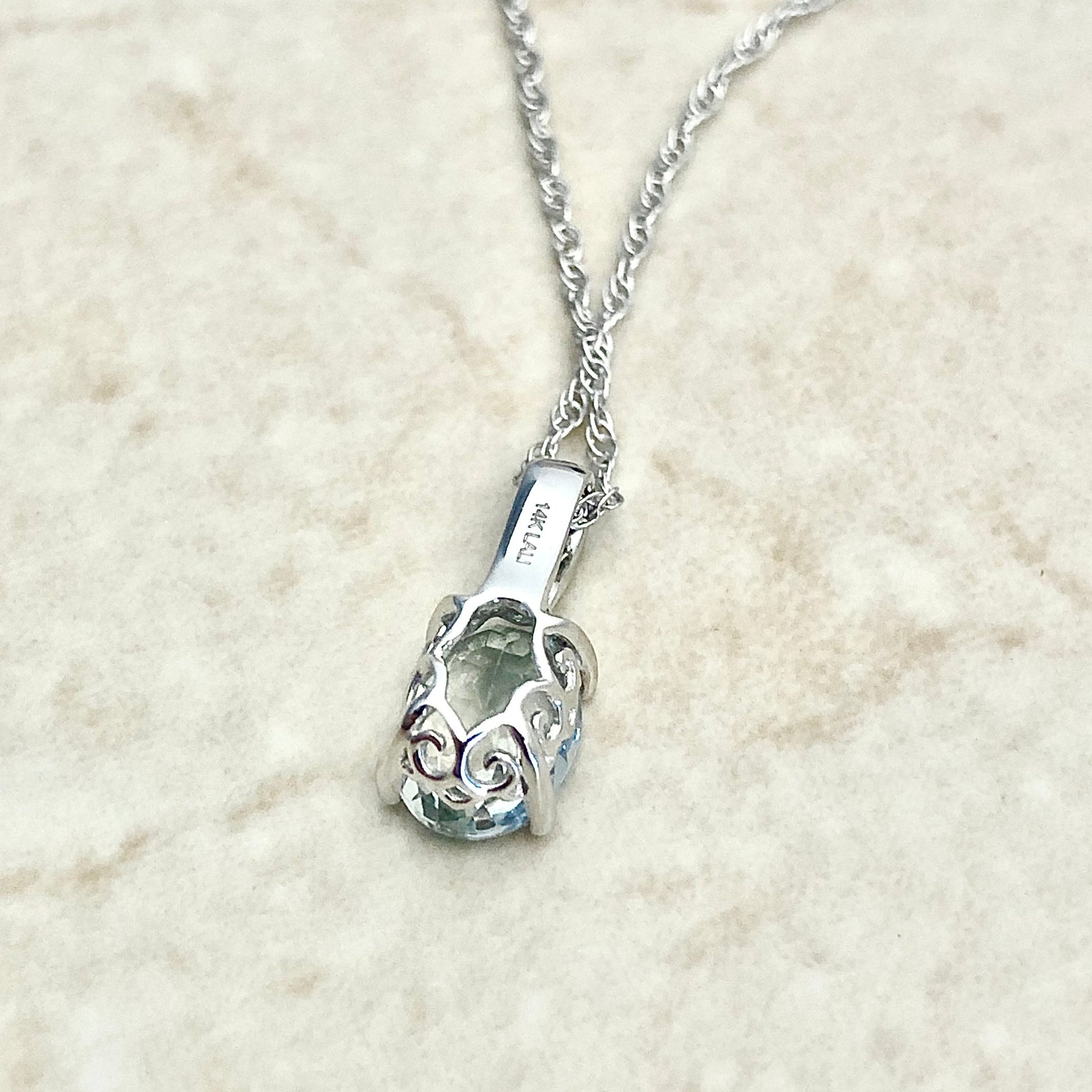 14 Karat White Gold March Birthstone Oval Aquamarine & Diamond Pendant Necklace - WeilJewelry