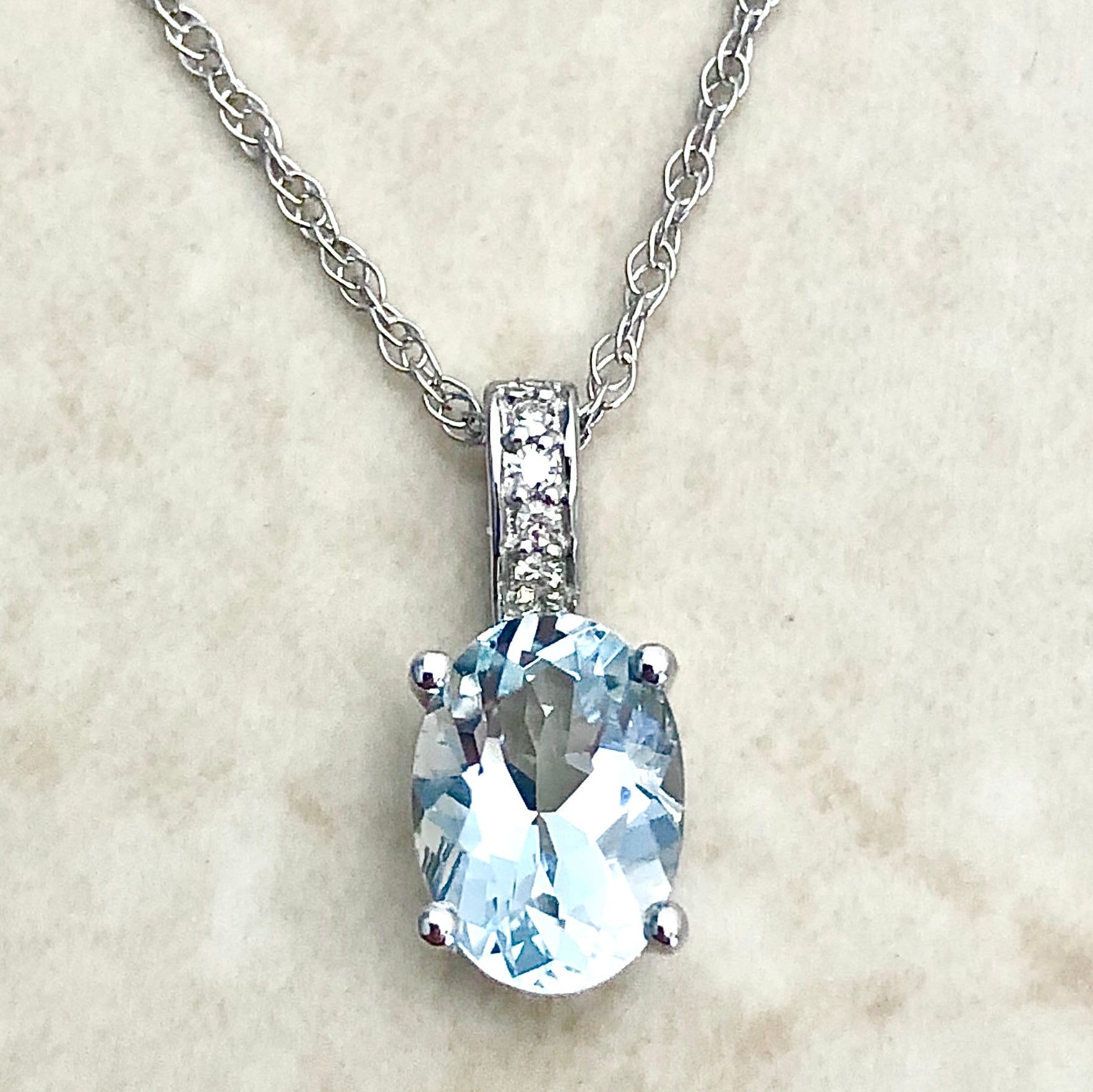 14 Karat White Gold March Birthstone Oval Aquamarine & Diamond Pendant Necklace - WeilJewelry