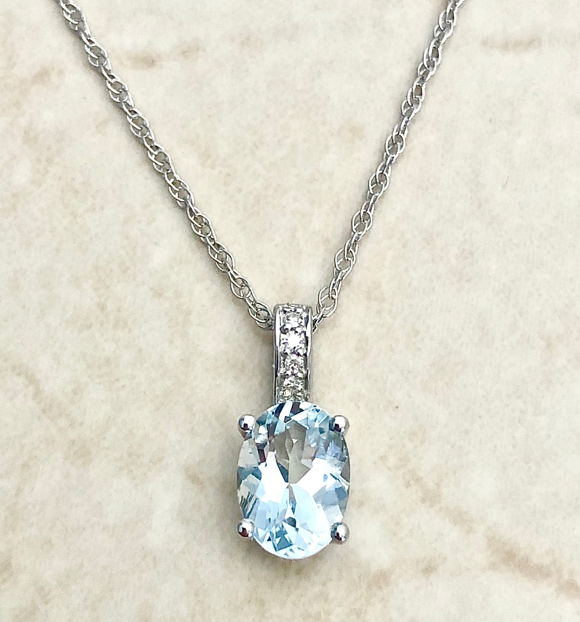 14 Karat White Gold March Birthstone Oval Aquamarine & Diamond Pendant Necklace - WeilJewelry