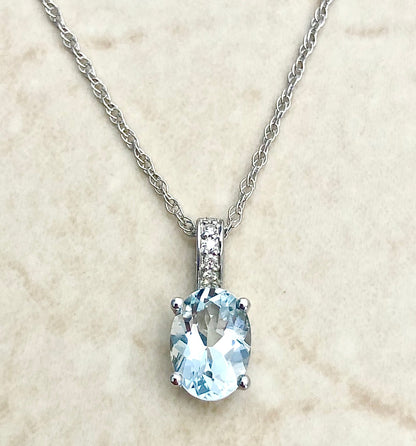 14 Karat White Gold March Birthstone Oval Aquamarine & Diamond Pendant Necklace - WeilJewelry