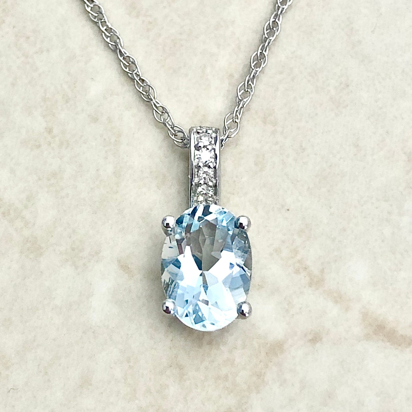 14 Karat White Gold March Birthstone Oval Aquamarine & Diamond Pendant Necklace - WeilJewelry