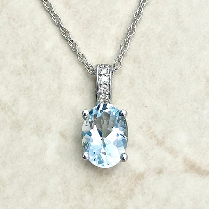 14 Karat White Gold March Birthstone Oval Aquamarine & Diamond Pendant Necklace - WeilJewelry