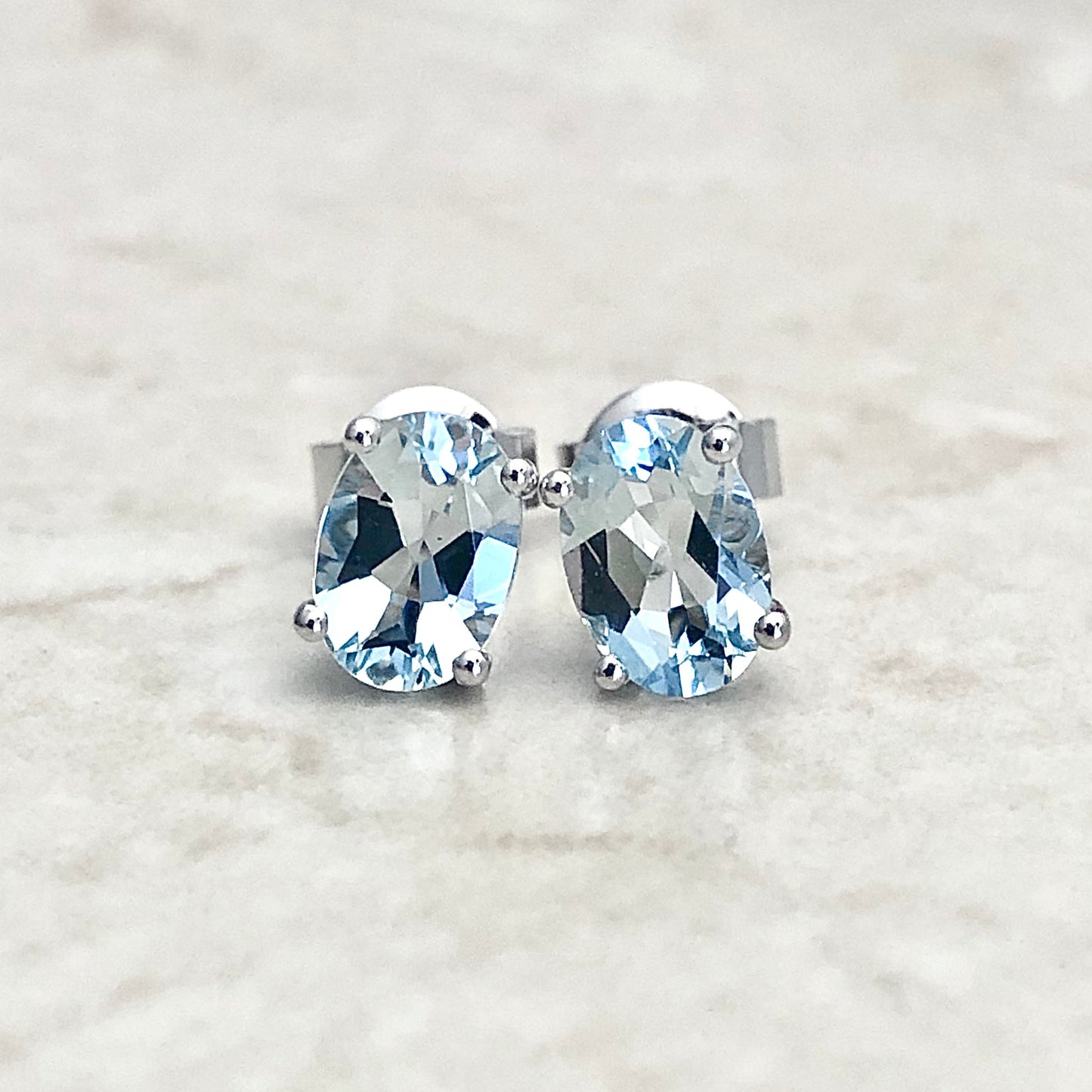 14 Karat White Gold March Birthstone Oval Aquamarine Stud Earrings - WeilJewelry