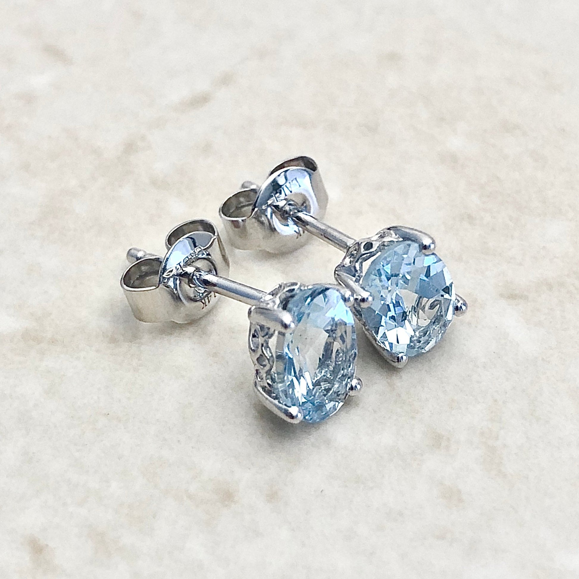 14 Karat White Gold March Birthstone Oval Aquamarine Stud Earrings - WeilJewelry