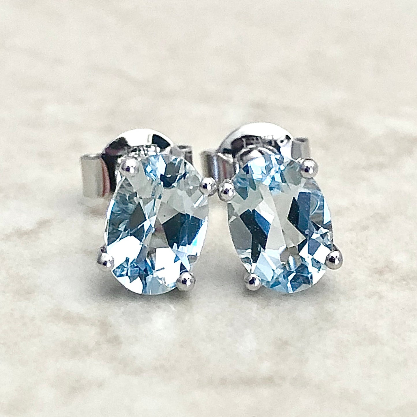 14 Karat White Gold March Birthstone Oval Aquamarine Stud Earrings - WeilJewelry