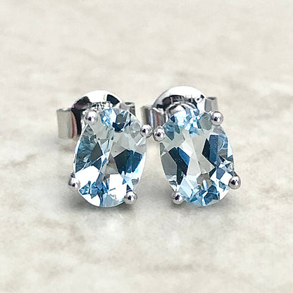 14 Karat White Gold March Birthstone Oval Aquamarine Stud Earrings - WeilJewelry