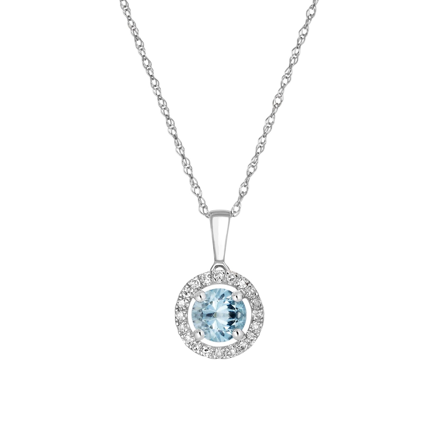 14 Karat White Gold March Birthstone Round Aquamarine & Diamond Halo Pendant Necklace - WeilJewelry