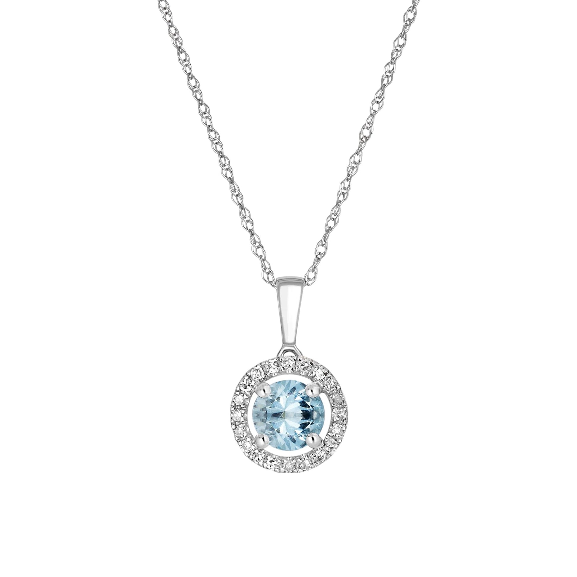 14 Karat White Gold March Birthstone Round Aquamarine & Diamond Halo Pendant Necklace - WeilJewelry